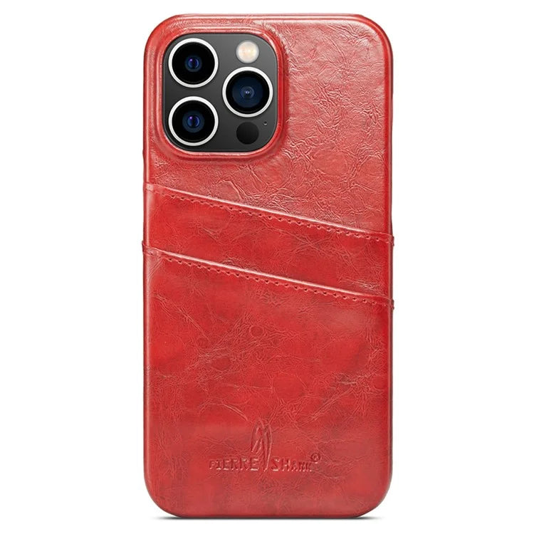 FIERRE SHANN For iPhone 15 Pro Case Waxy PU Leather+PC Card Holder Phone Cover