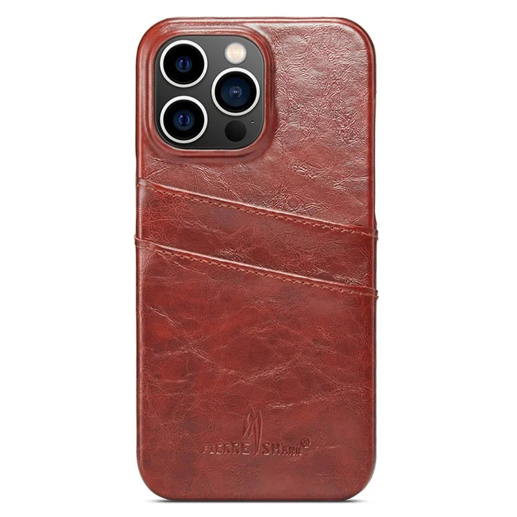 FIERRE SHANN For iPhone 15 Pro Case Waxy PU Leather+PC Card Holder Phone Cover