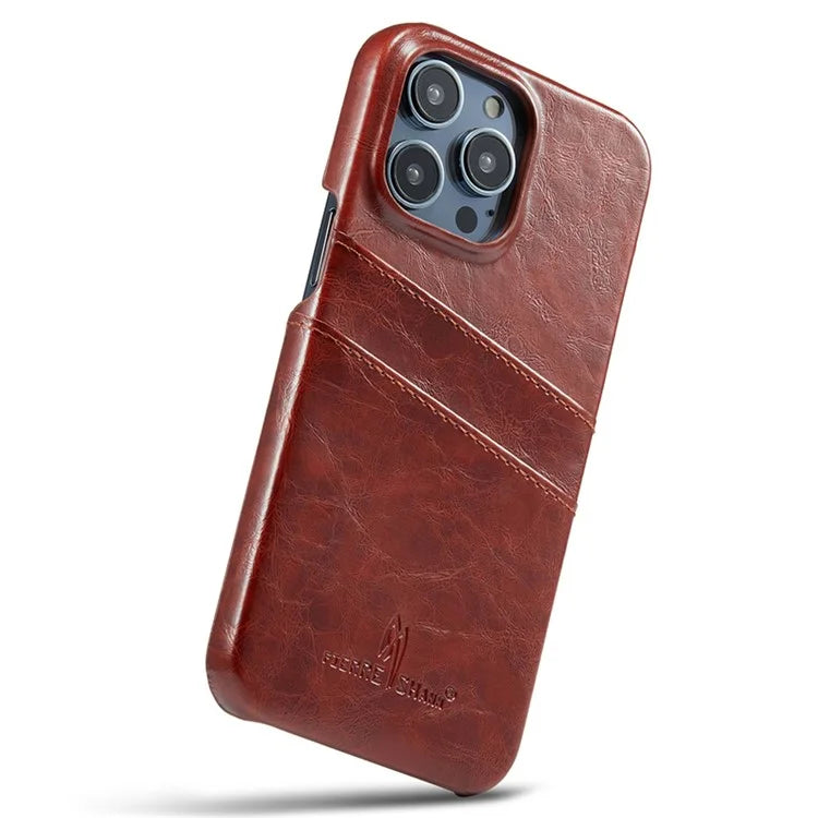 FIERRE SHANN For iPhone 15 Pro Case Waxy PU Leather+PC Card Holder Phone Cover