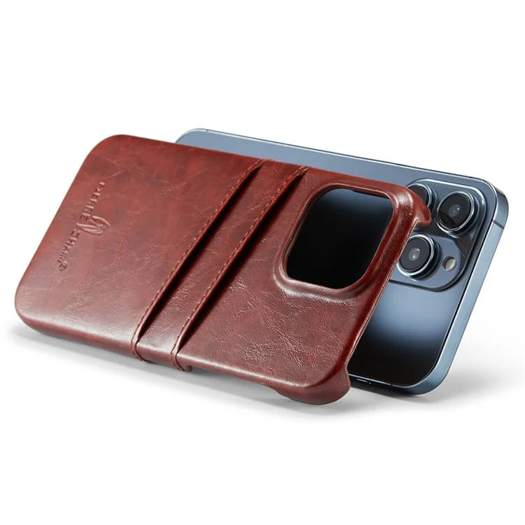 FIERRE SHANN For iPhone 15 Pro Case Waxy PU Leather+PC Card Holder Phone Cover