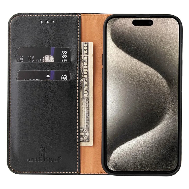 FIERRE SHANN For iPhone 15 Pro Case Magnetic Auto Closing PU Leather Phone Cover