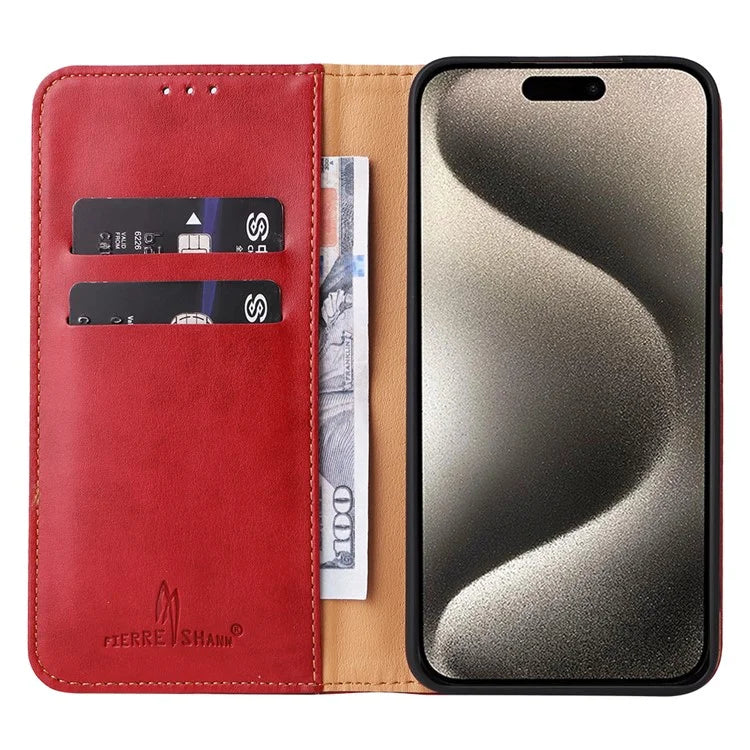 FIERRE SHANN For iPhone 15 Case Stand Wallet PU Leather Phone Cover
