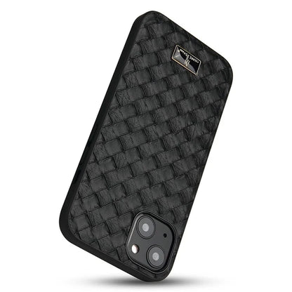FIERRE SHANN For iPhone 15 Plus Case Leather+TPU Phone Cover with Hardware Decor