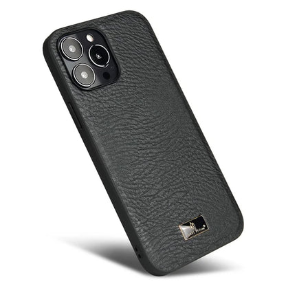 FIERRE SHANN For iPhone 15 Pro Max Case Anti-scratch Hardware Decor Leather+TPU Phone Cover