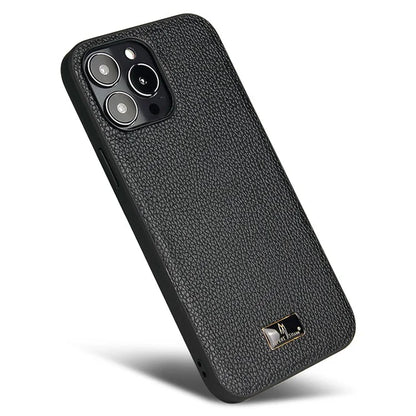 FIERRE SHANN For iPhone 15 Pro Max Case Anti-scratch Hardware Decor Leather+TPU Phone Cover