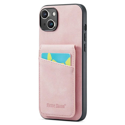 FIERRE SHANN For iPhone 15 Case Card Holder Drop Proof PU Leather+TPU Phone Cover