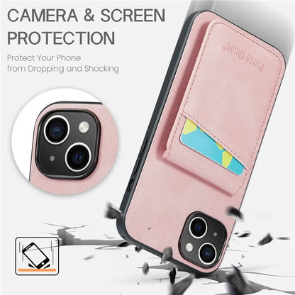 FIERRE SHANN For iPhone 15 Case Card Holder Drop Proof PU Leather+TPU Phone Cover