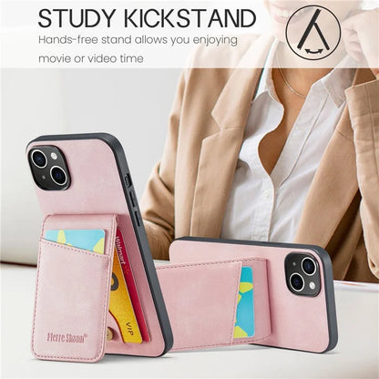 FIERRE SHANN For iPhone 15 Case Card Holder Drop Proof PU Leather+TPU Phone Cover