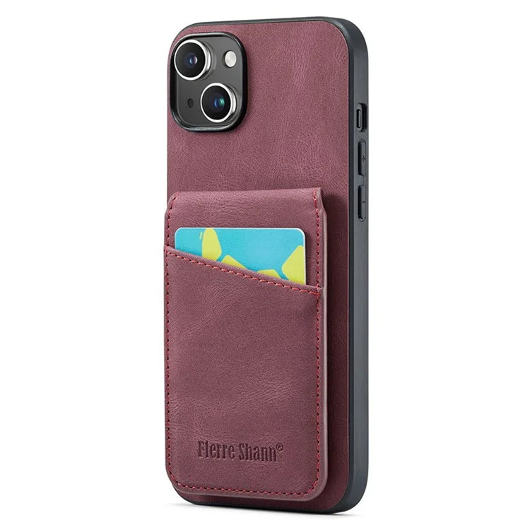 FIERRE SHANN For iPhone 15 Case Card Holder Drop Proof PU Leather+TPU Phone Cover