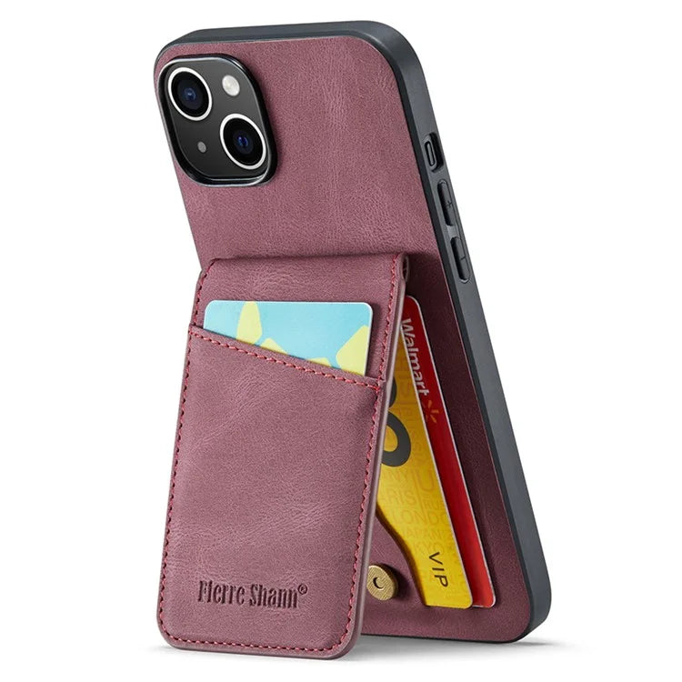 FIERRE SHANN For iPhone 15 Case Card Holder Drop Proof PU Leather+TPU Phone Cover