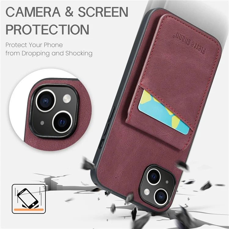 FIERRE SHANN For iPhone 15 Case Card Holder Drop Proof PU Leather+TPU Phone Cover