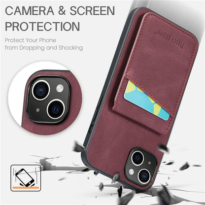 FIERRE SHANN For iPhone 15 Case Card Holder Drop Proof PU Leather+TPU Phone Cover