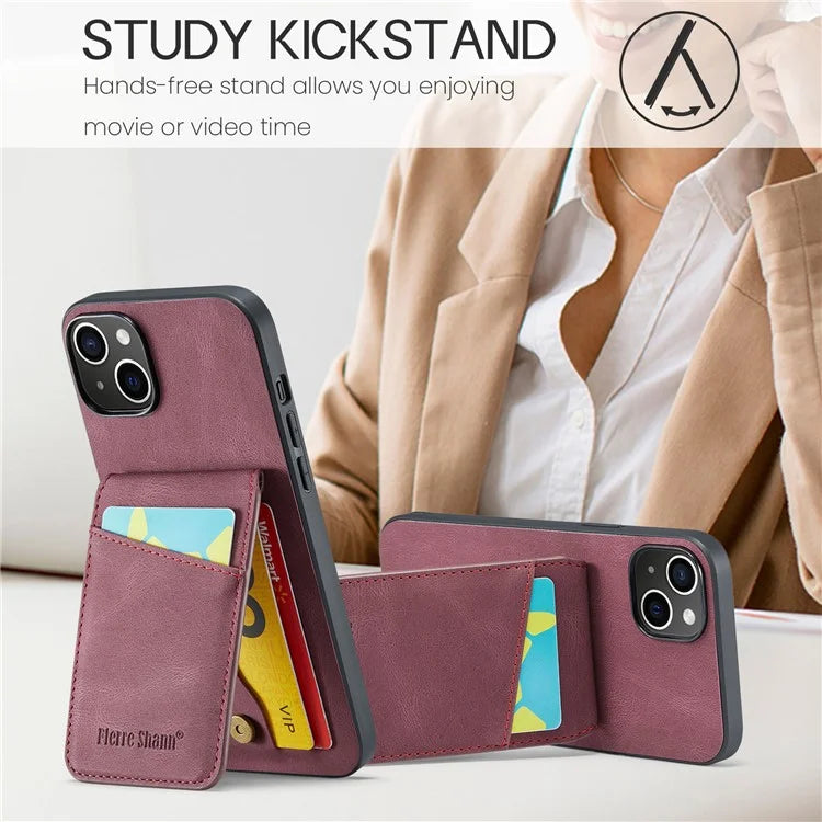 FIERRE SHANN For iPhone 15 Case Card Holder Drop Proof PU Leather+TPU Phone Cover