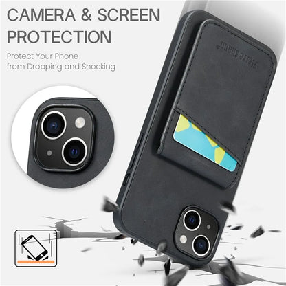 FIERRE SHANN For iPhone 15 Case Card Holder Drop Proof PU Leather+TPU Phone Cover