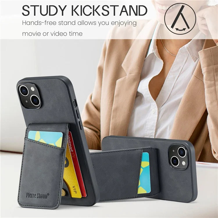 FIERRE SHANN For iPhone 15 Case Card Holder Drop Proof PU Leather+TPU Phone Cover