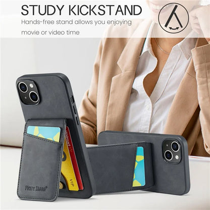 FIERRE SHANN For iPhone 15 Case Card Holder Drop Proof PU Leather+TPU Phone Cover