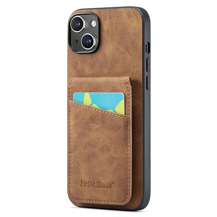 FIERRE SHANN For iPhone 15 Case Card Holder Drop Proof PU Leather+TPU Phone Cover