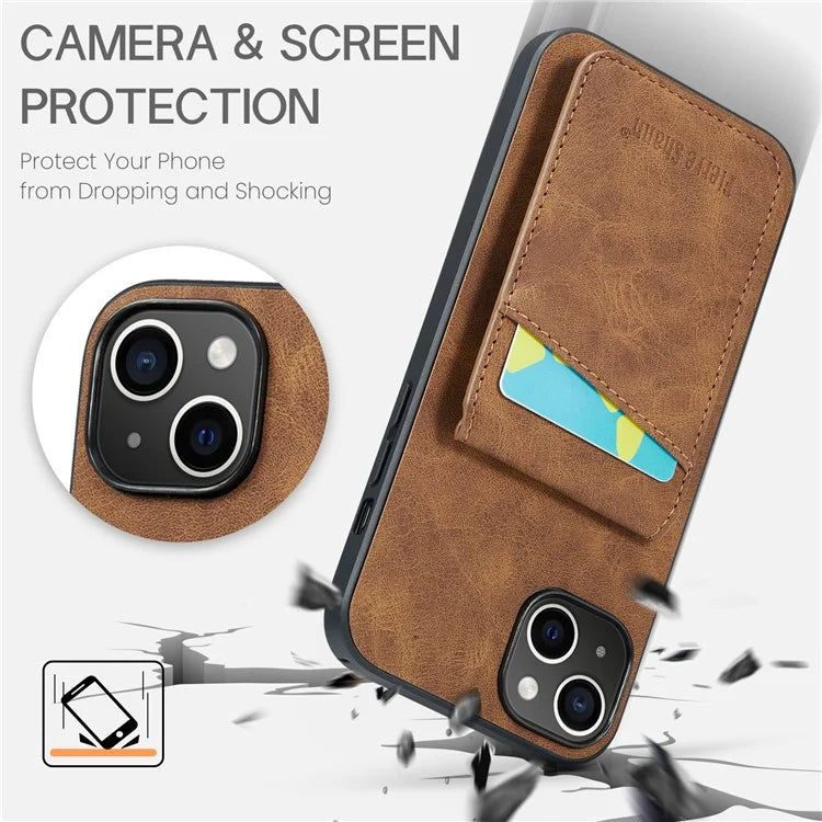 FIERRE SHANN For iPhone 15 Case Card Holder Drop Proof PU Leather+TPU Phone Cover