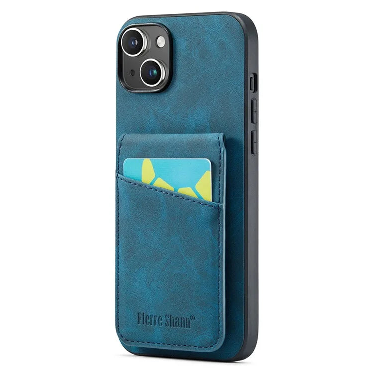 FIERRE SHANN For iPhone 15 Case Card Holder Drop Proof PU Leather+TPU Phone Cover