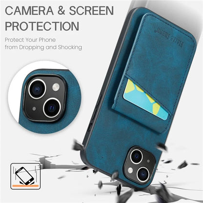 FIERRE SHANN For iPhone 15 Case Card Holder Drop Proof PU Leather+TPU Phone Cover