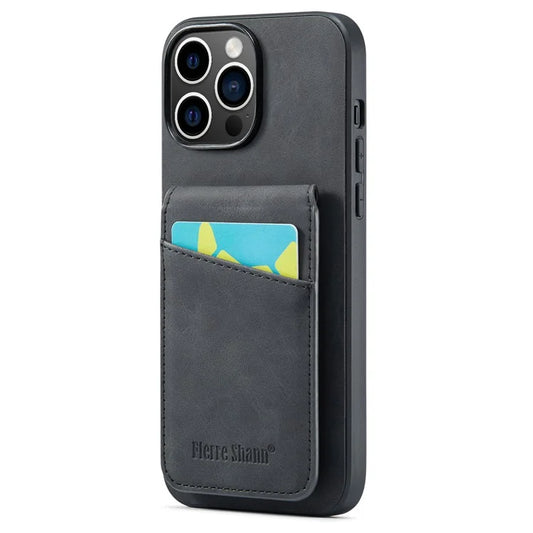 FIERRE SHANN For iPhone 15 Pro Cover Card Slots PU Leather+TPU Phone Kickstand Case