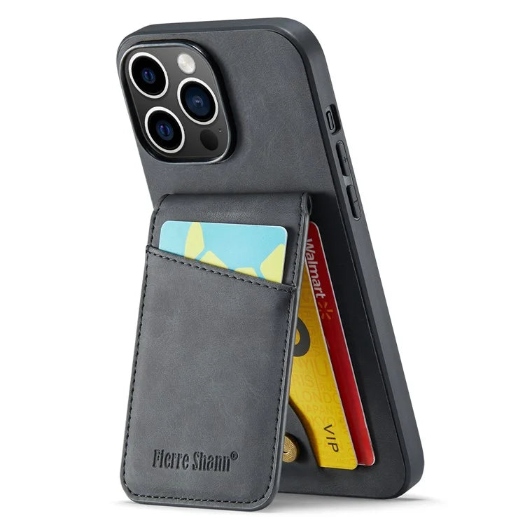 FIERRE SHANN For iPhone 15 Pro Cover Card Slots PU Leather+TPU Phone Kickstand Case