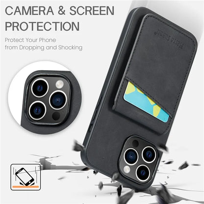 FIERRE SHANN For iPhone 15 Pro Cover Card Slots PU Leather+TPU Phone Kickstand Case