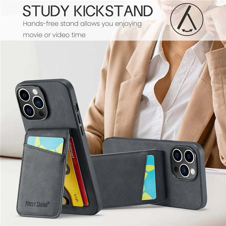 FIERRE SHANN For iPhone 15 Pro Cover Card Slots PU Leather+TPU Phone Kickstand Case