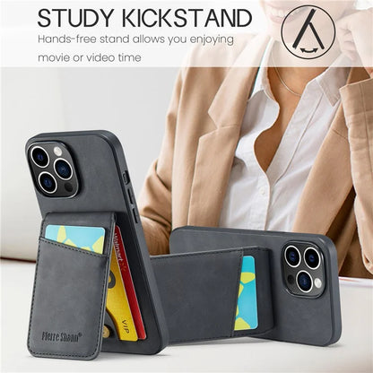 FIERRE SHANN For iPhone 15 Pro Cover Card Slots PU Leather+TPU Phone Kickstand Case