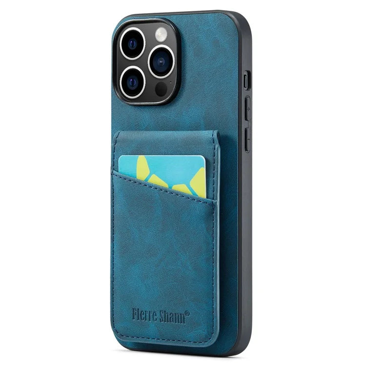 FIERRE SHANN For iPhone 15 Pro Cover Card Slots PU Leather+TPU Phone Kickstand Case