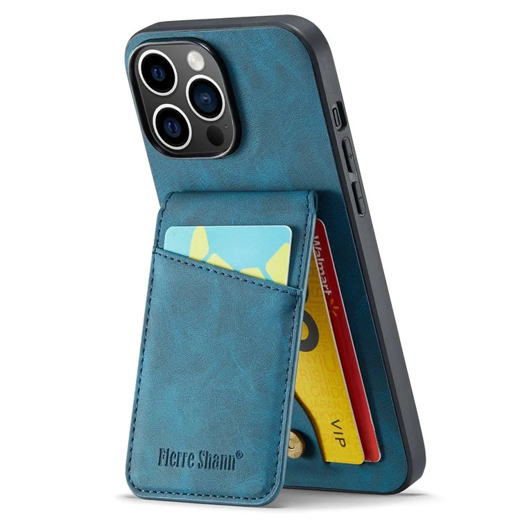 FIERRE SHANN For iPhone 15 Pro Cover Card Slots PU Leather+TPU Phone Kickstand Case