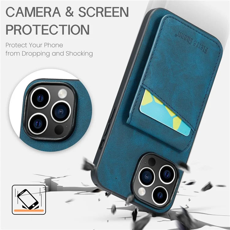 FIERRE SHANN For iPhone 15 Pro Cover Card Slots PU Leather+TPU Phone Kickstand Case
