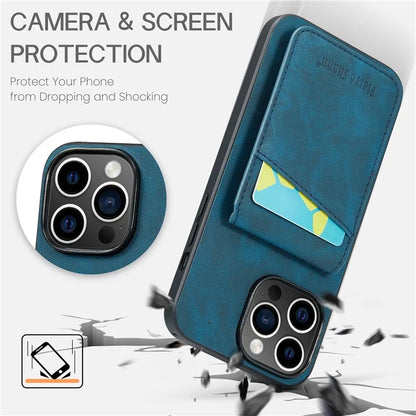 FIERRE SHANN For iPhone 15 Pro Cover Card Slots PU Leather+TPU Phone Kickstand Case