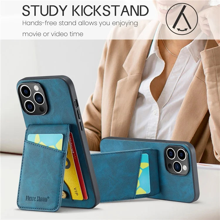 FIERRE SHANN For iPhone 15 Pro Cover Card Slots PU Leather+TPU Phone Kickstand Case
