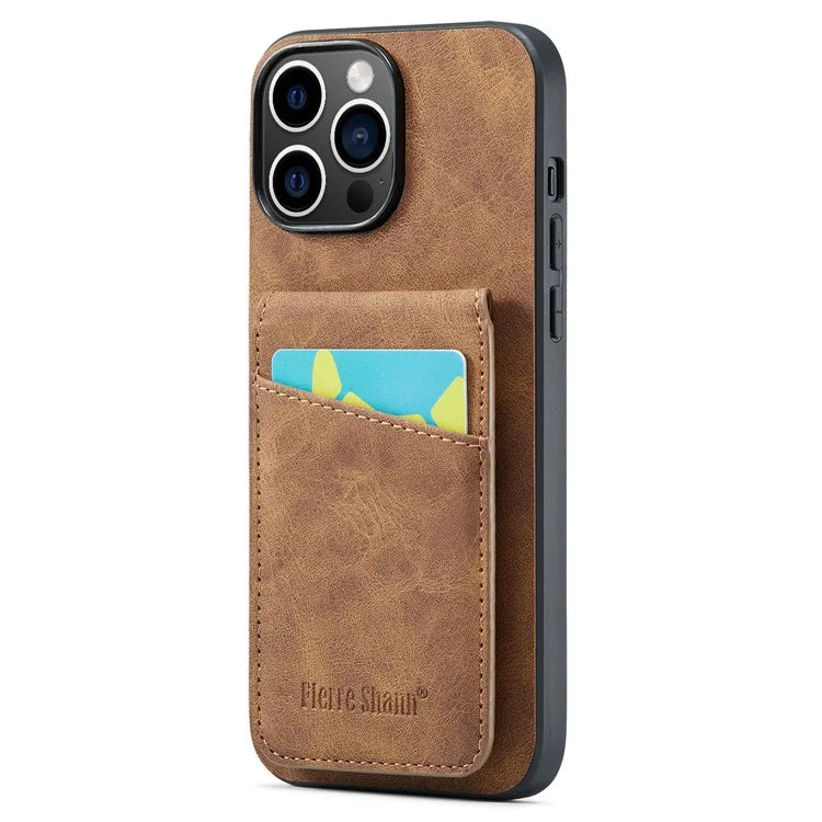 FIERRE SHANN For iPhone 15 Pro Cover Card Slots PU Leather+TPU Phone Kickstand Case