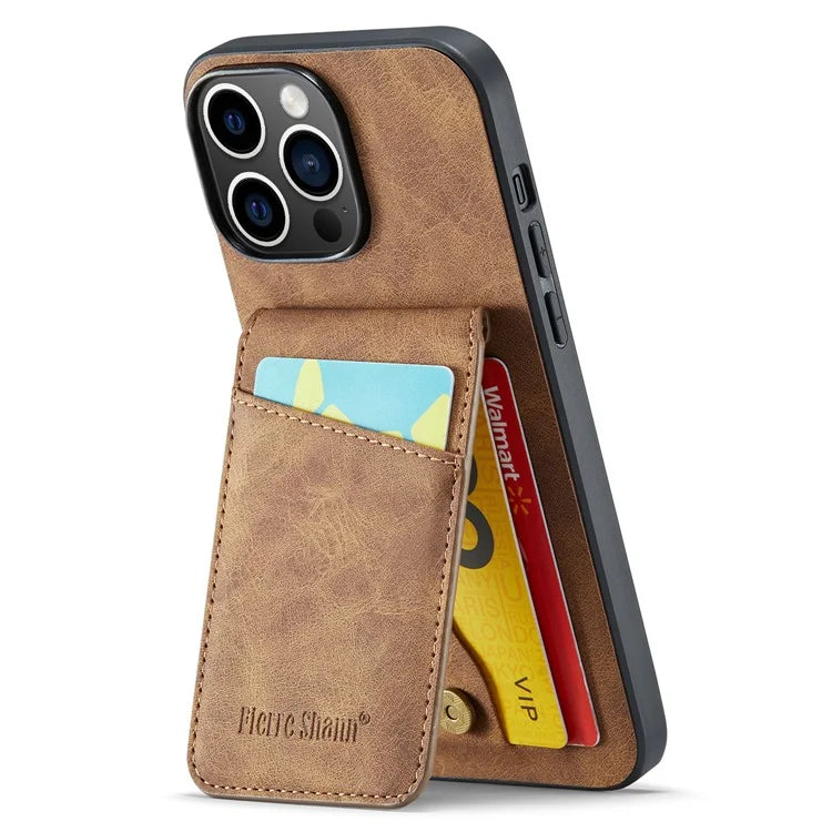 FIERRE SHANN For iPhone 15 Pro Cover Card Slots PU Leather+TPU Phone Kickstand Case