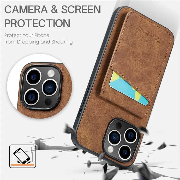 FIERRE SHANN For iPhone 15 Pro Cover Card Slots PU Leather+TPU Phone Kickstand Case