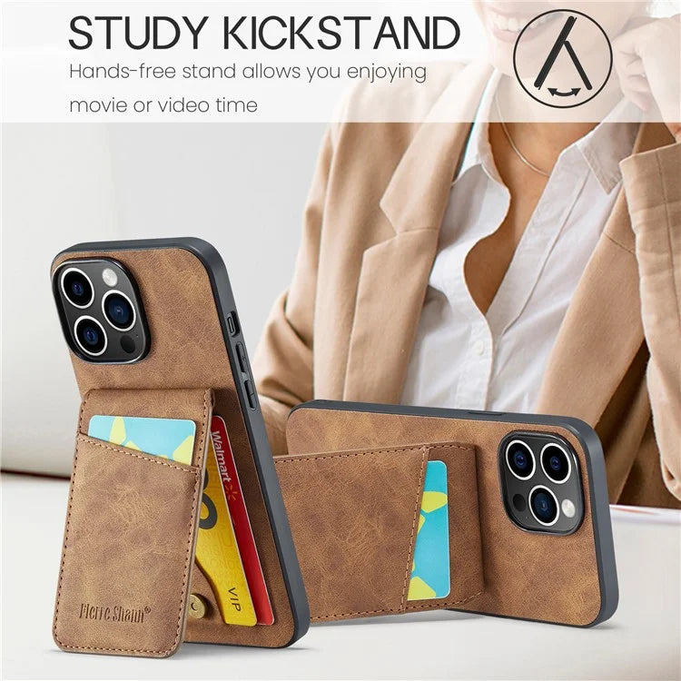 FIERRE SHANN For iPhone 15 Pro Cover Card Slots PU Leather+TPU Phone Kickstand Case