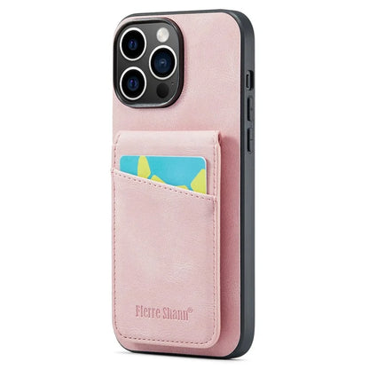 FIERRE SHANN For iPhone 15 Pro Cover Card Slots PU Leather+TPU Phone Kickstand Case