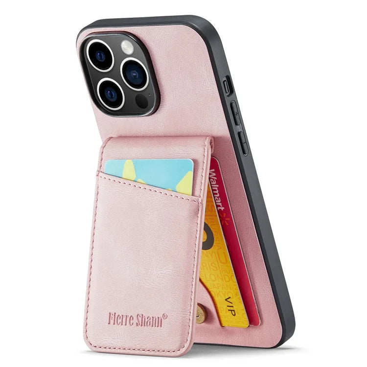 FIERRE SHANN For iPhone 15 Pro Cover Card Slots PU Leather+TPU Phone Kickstand Case