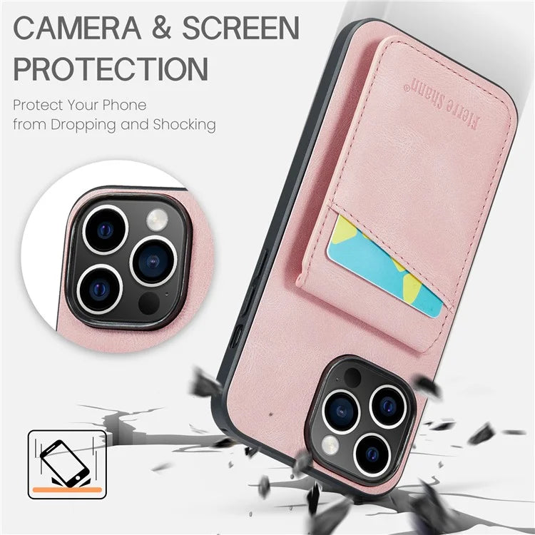 FIERRE SHANN For iPhone 15 Pro Cover Card Slots PU Leather+TPU Phone Kickstand Case