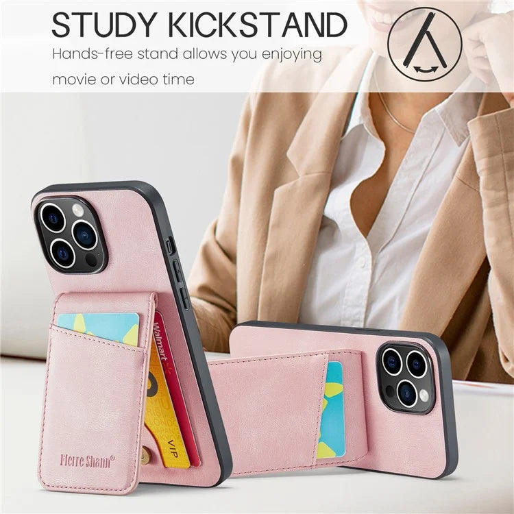 FIERRE SHANN For iPhone 15 Pro Cover Card Slots PU Leather+TPU Phone Kickstand Case