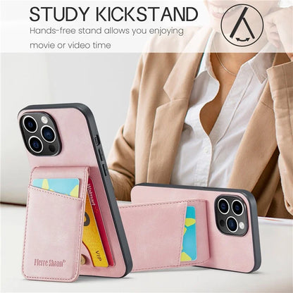 FIERRE SHANN For iPhone 15 Pro Cover Card Slots PU Leather+TPU Phone Kickstand Case