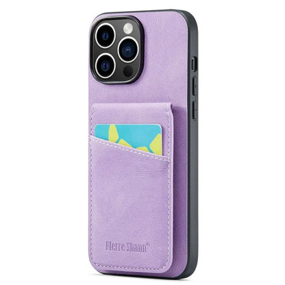 FIERRE SHANN For iPhone 15 Pro Cover Card Slots PU Leather+TPU Phone Kickstand Case