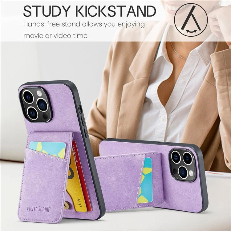 FIERRE SHANN For iPhone 15 Pro Cover Card Slots PU Leather+TPU Phone Kickstand Case
