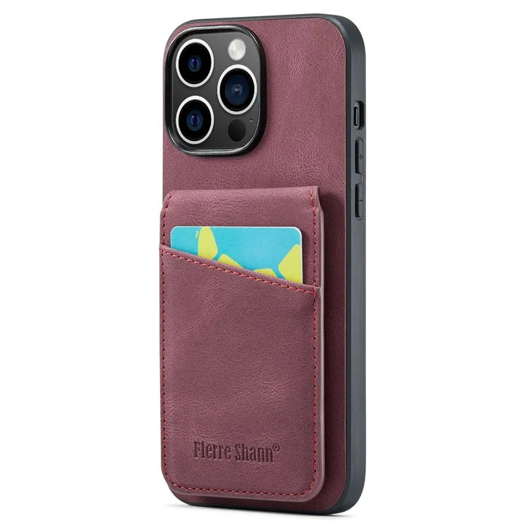 FIERRE SHANN For iPhone 15 Pro Cover Card Slots PU Leather+TPU Phone Kickstand Case