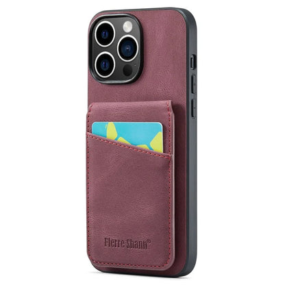 FIERRE SHANN For iPhone 15 Pro Cover Card Slots PU Leather+TPU Phone Kickstand Case