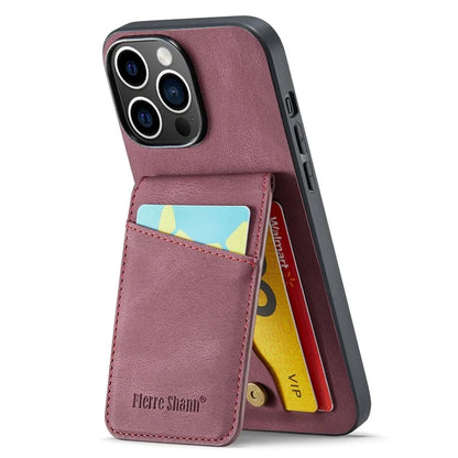 FIERRE SHANN For iPhone 15 Pro Cover Card Slots PU Leather+TPU Phone Kickstand Case