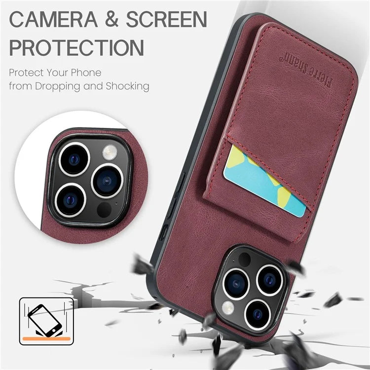 FIERRE SHANN For iPhone 15 Pro Cover Card Slots PU Leather+TPU Phone Kickstand Case