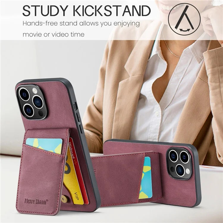 FIERRE SHANN For iPhone 15 Pro Cover Card Slots PU Leather+TPU Phone Kickstand Case